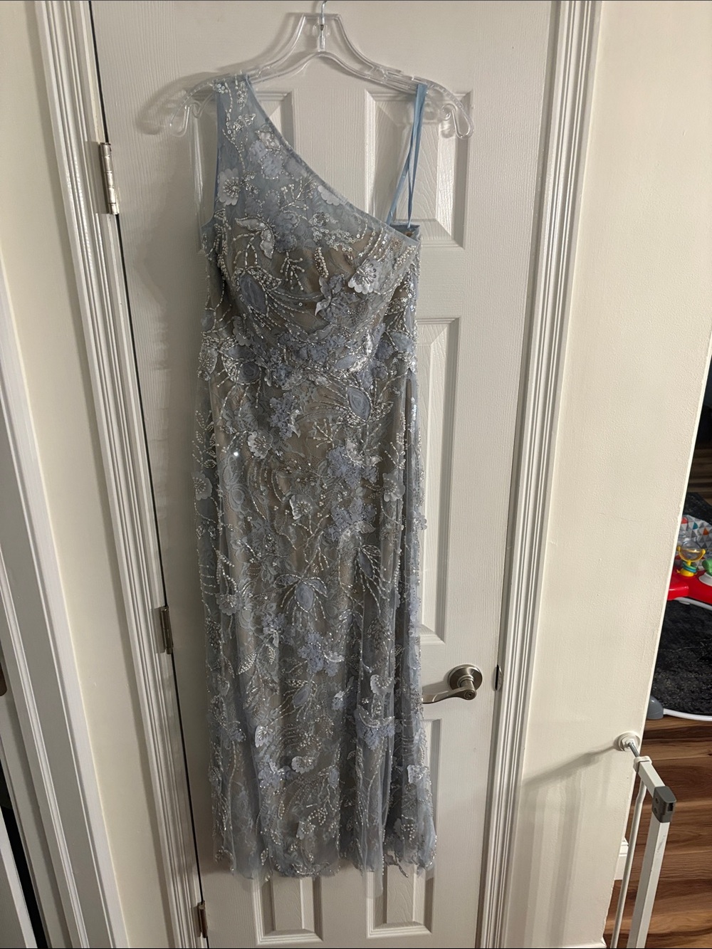 Mac Duggal One-Shoulder Light Blue Lace & Sequin Evening Gown